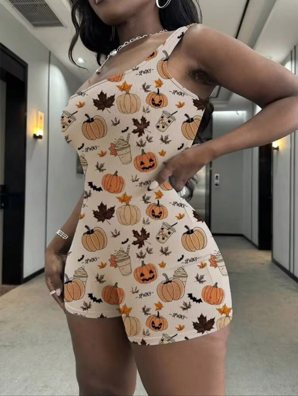 Halloween Pumpkin Print Women's Romper - Orange / White